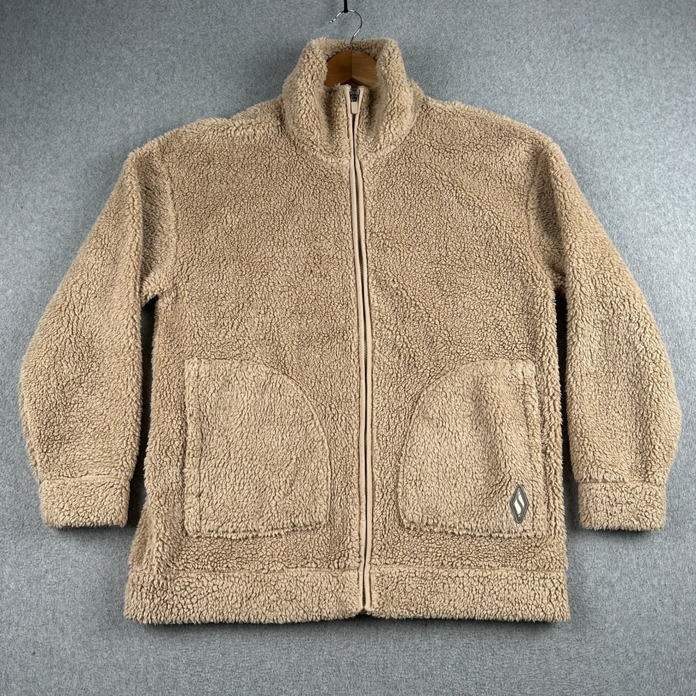 Skechers Jacket Womens Medium Tan Sherpa Fleece Full Zip High Neck Pocket Coat
